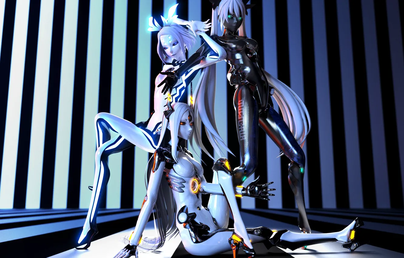 Photo wallpaper girl, robot, vocaloid, bow, Vocaloid, Carbon Black Miku, Phosphorescent Rin, tri-oxygen Luka