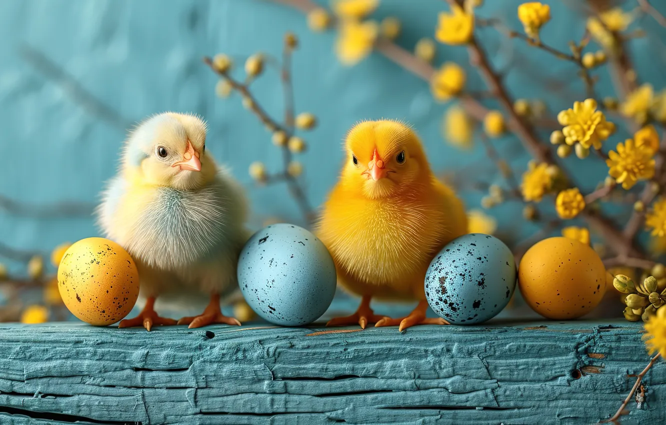 Photo wallpaper flowers, chickens, eggs, spring, colorful, Easter, flowers, spring