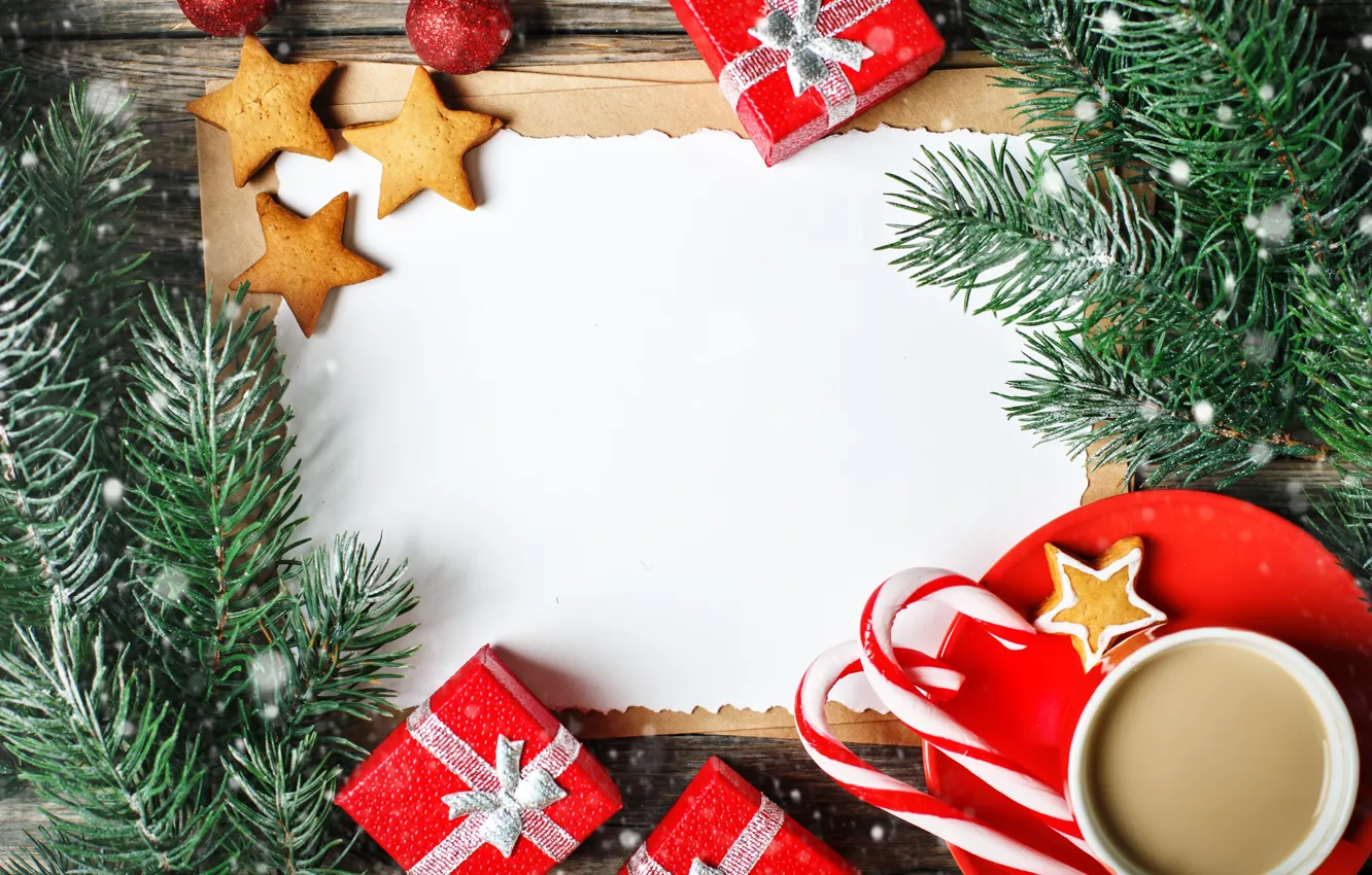 Photo wallpaper decoration, gift, new year, Christmas, Christmas, wood, coffee cup, decoration