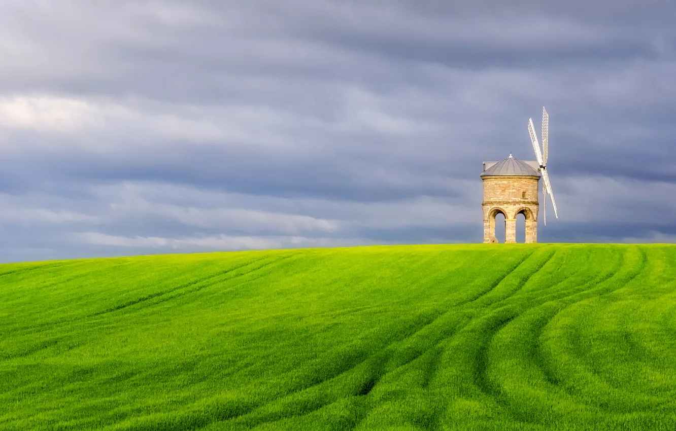 Photo wallpaper field, the sky, clouds, England, mill, UK