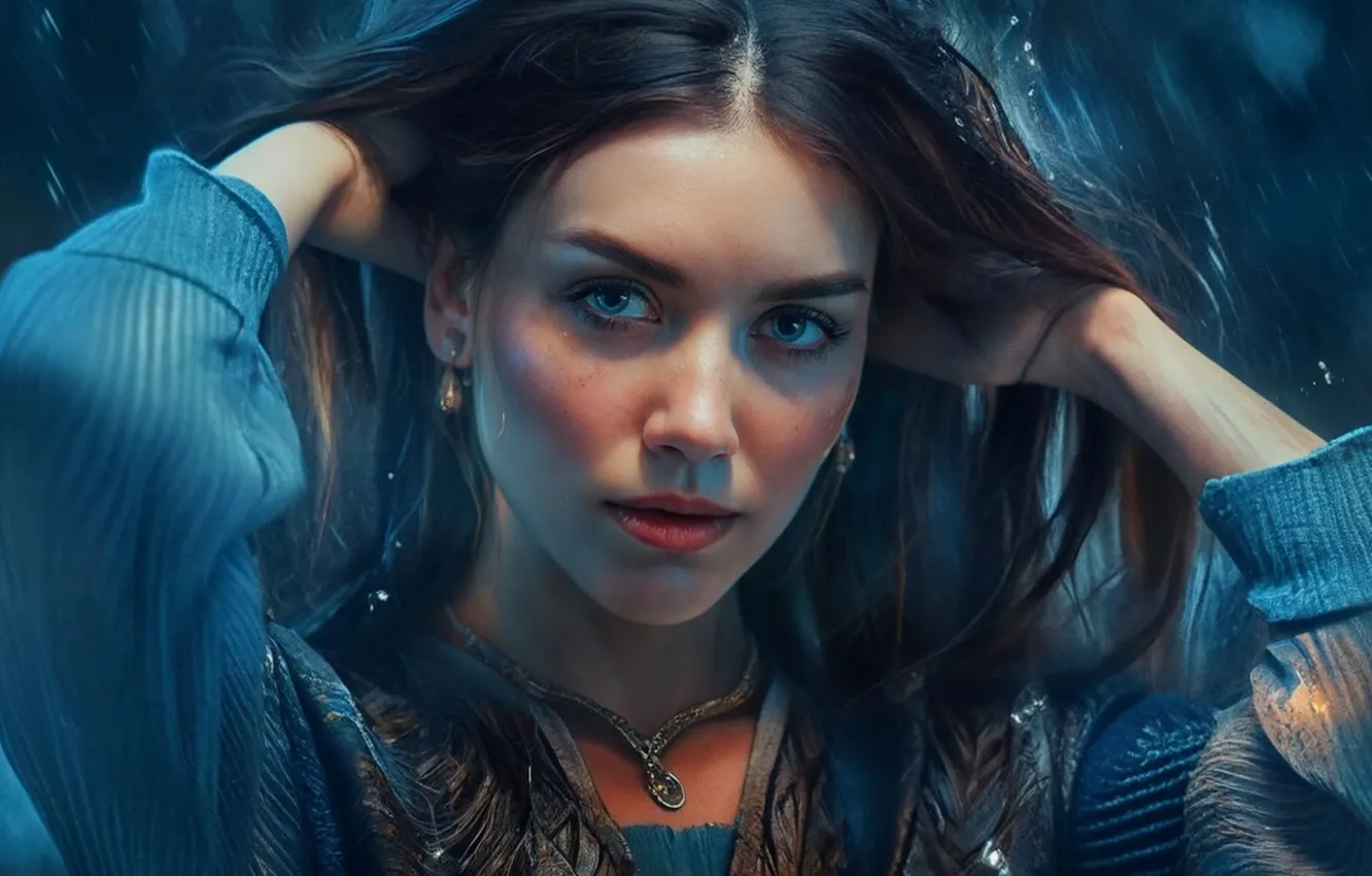 Photo wallpaper look, girl, decoration, face, pose, portrait, hands, long hair