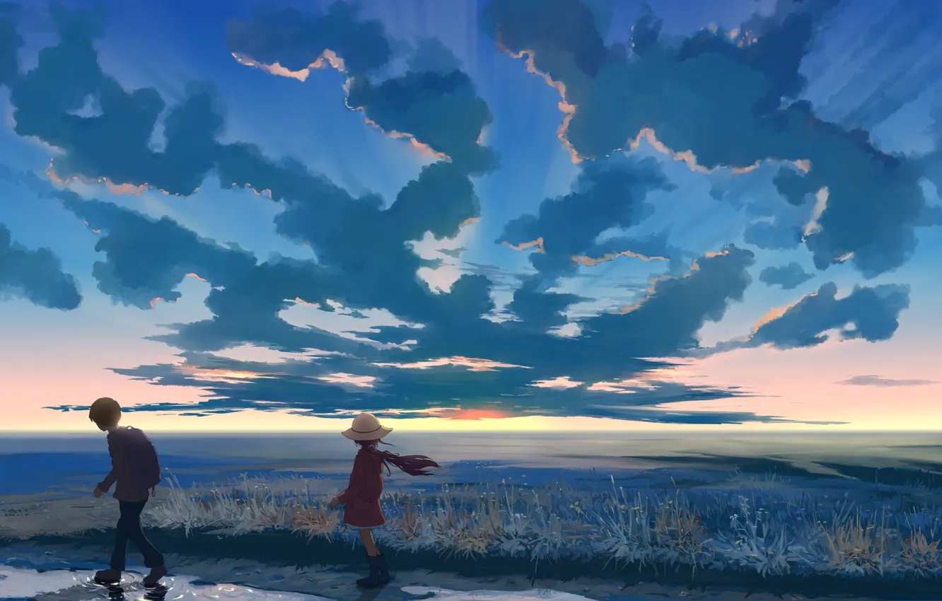 Photo wallpaper the sky, clouds, sunset, nature, hat, anime, boy, art