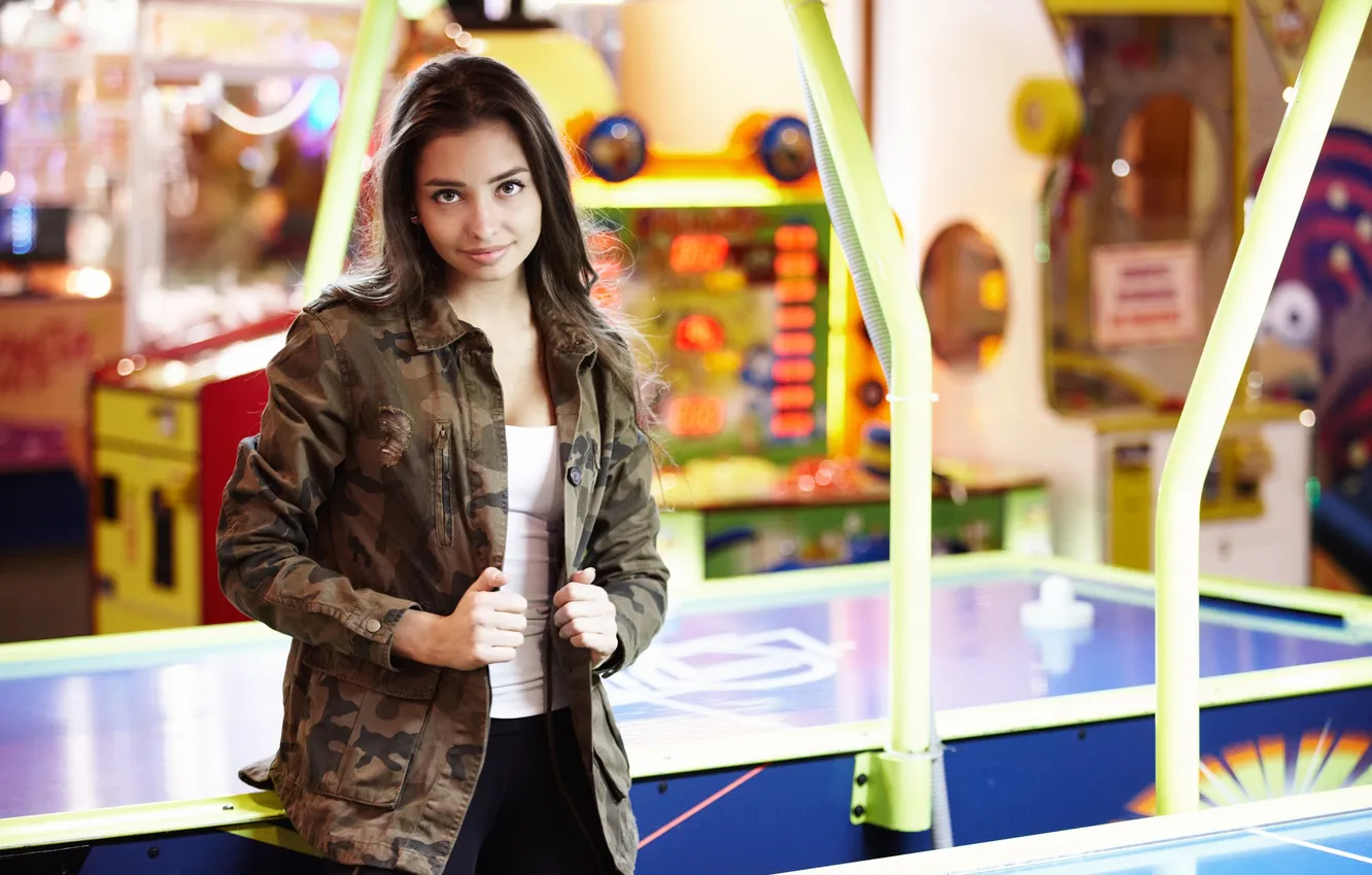 Photo wallpaper look, girl, face, hair, jacket, Darina, air hockey