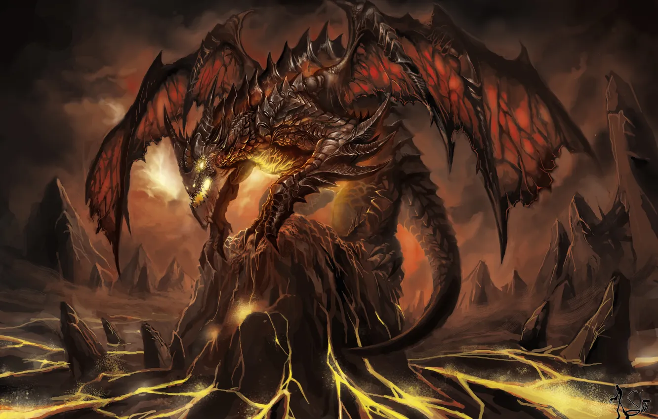 Photo wallpaper rocks, dragon, wings, mouth, lava, dragon war