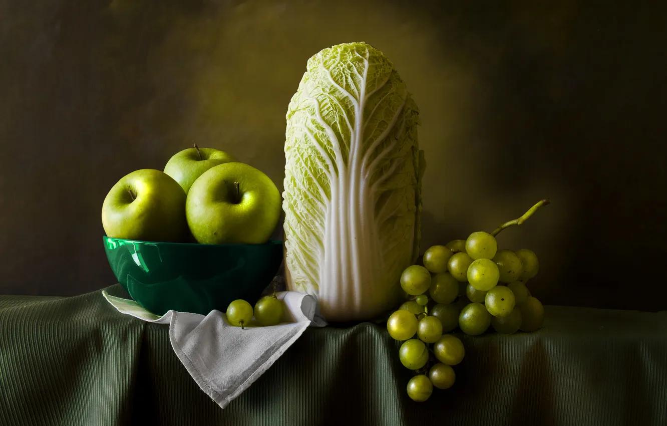 Photo wallpaper table, background, apples, grapes, dishes, fruit, vegetables, cabbage