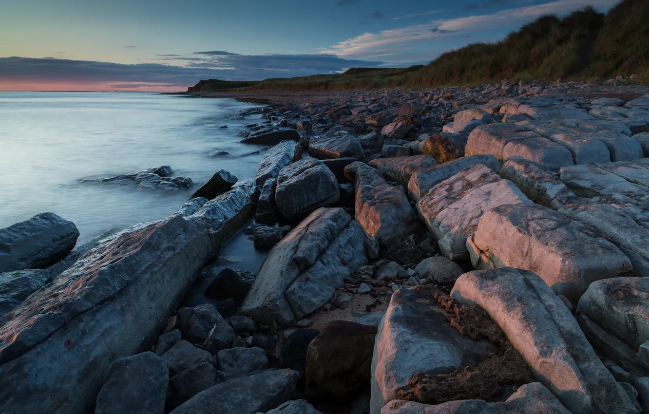 Photo wallpaper sea, the sky, clouds, sunset, mountains, stones