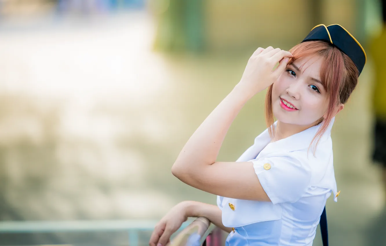 Photo wallpaper girl, Asian, cutie, uniform, bokeh, stewardess