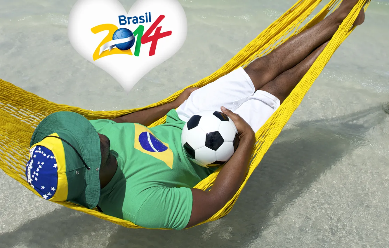 Photo wallpaper logo, man, football, flag, World Cup, Brasil, FIFA, hammock