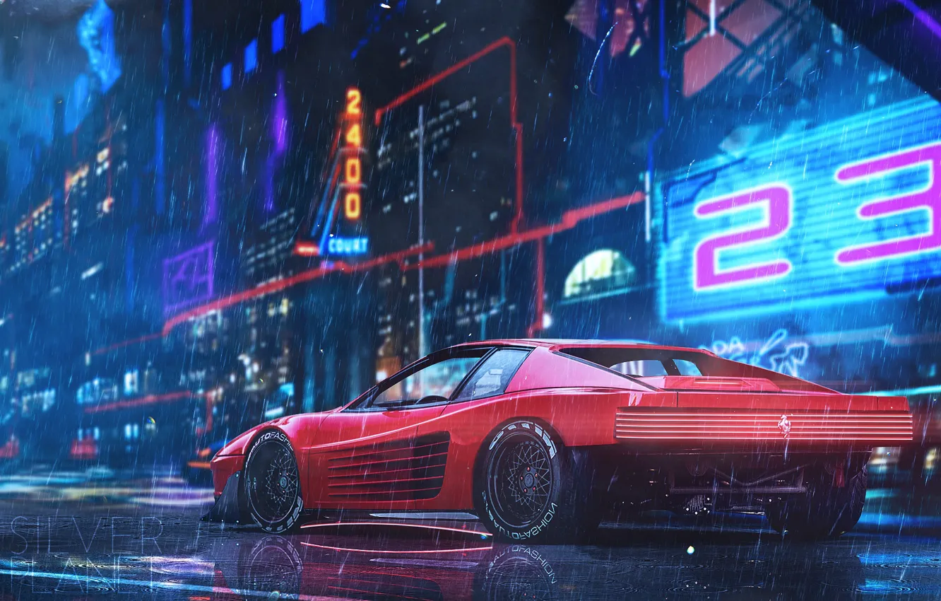 Photo wallpaper car, machine, auto, red, style, rain, neon, car