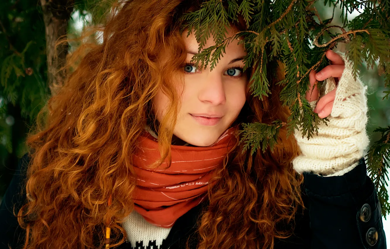 Photo wallpaper forest, look, girl, nature, face, smile, hair, red