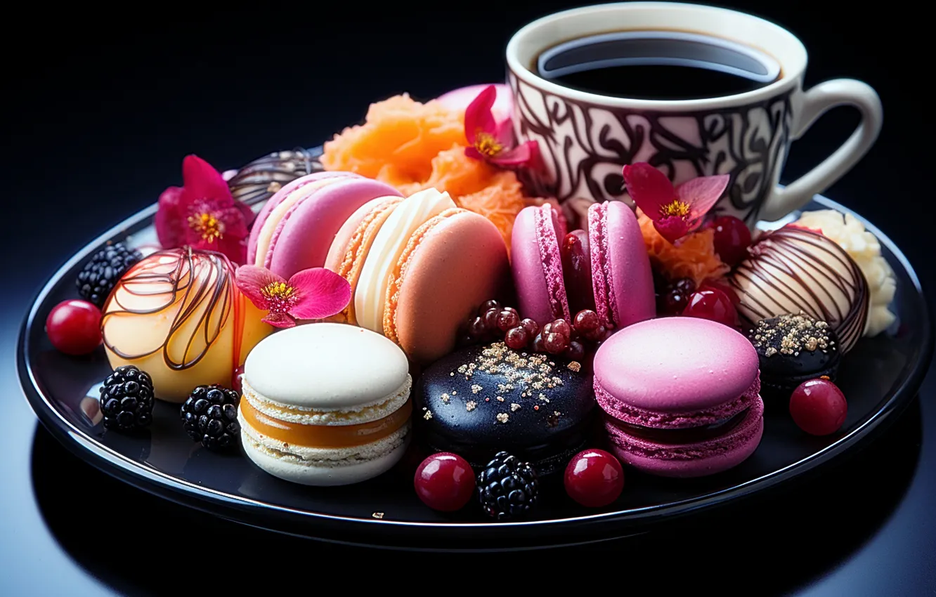 Photo wallpaper berries, tea, food, the tea party, Cup, macaroon