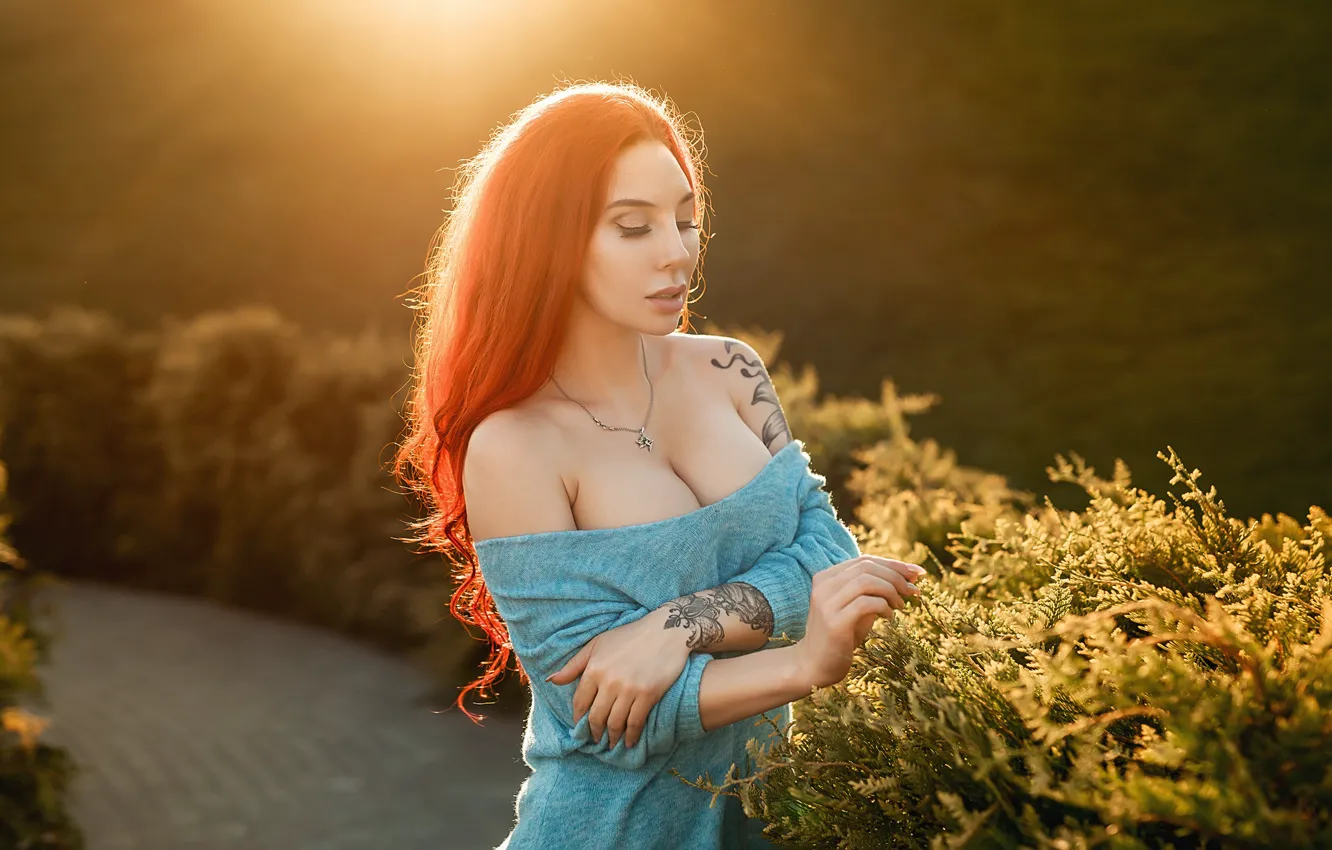 Photo wallpaper model, sun, pretty, redhead, pose, A Diakov George