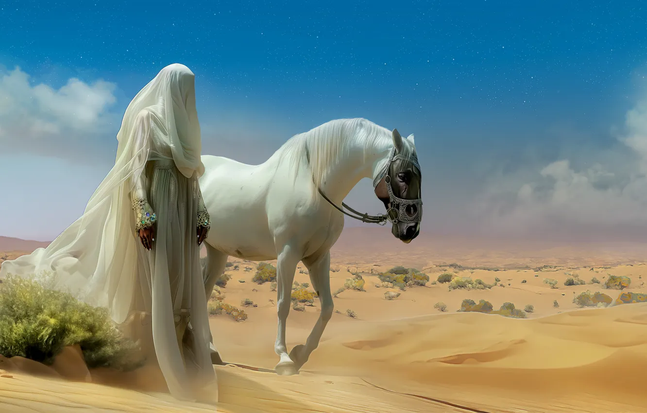 Photo wallpaper girl, desert, art, horse, asian