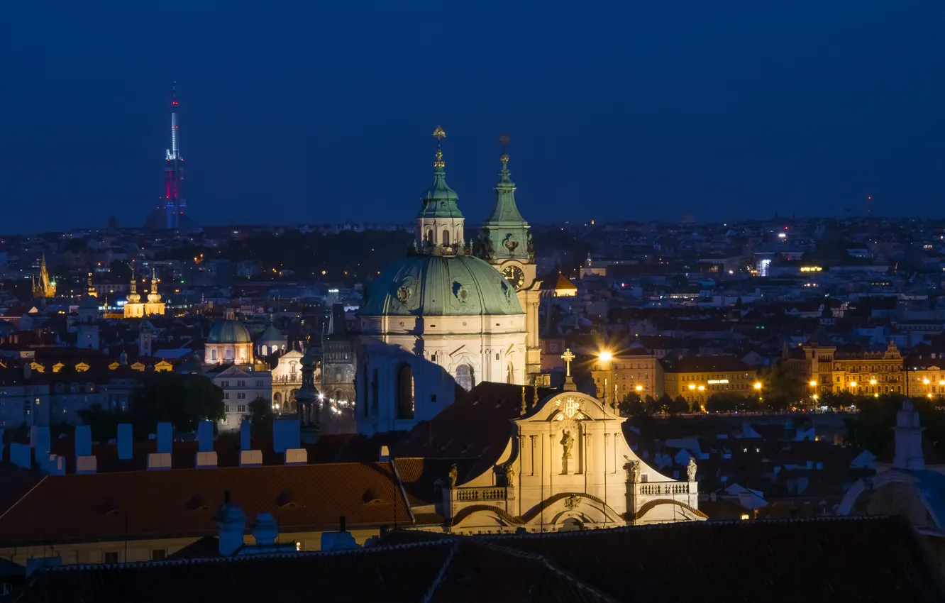 Photo wallpaper night, the city, lights, Prague, Czech Republic, lighting, panorama, The city of a thousand towers