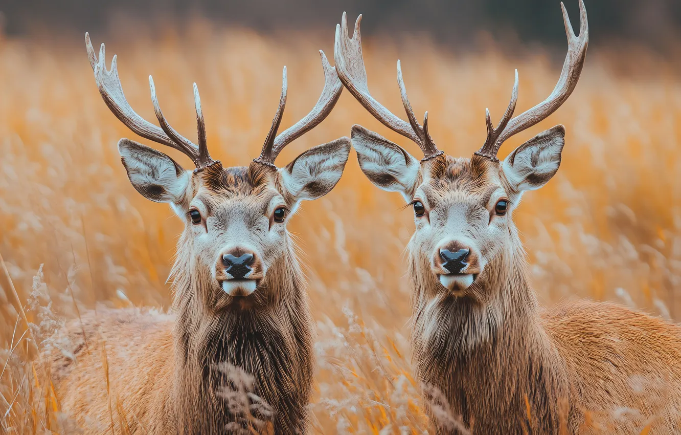 Photo wallpaper field, look, nature, portrait, spikelets, pair, horns, faces