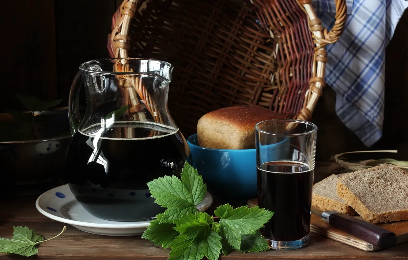 Photo wallpaper leaves, basket, bread, pitcher, brew