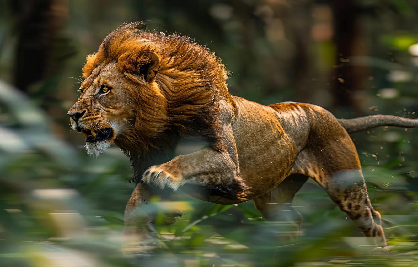 Photo wallpaper jump, predator, Leo, big cat, digital art, AI art, The Art of Artificial Intelligence, neural …