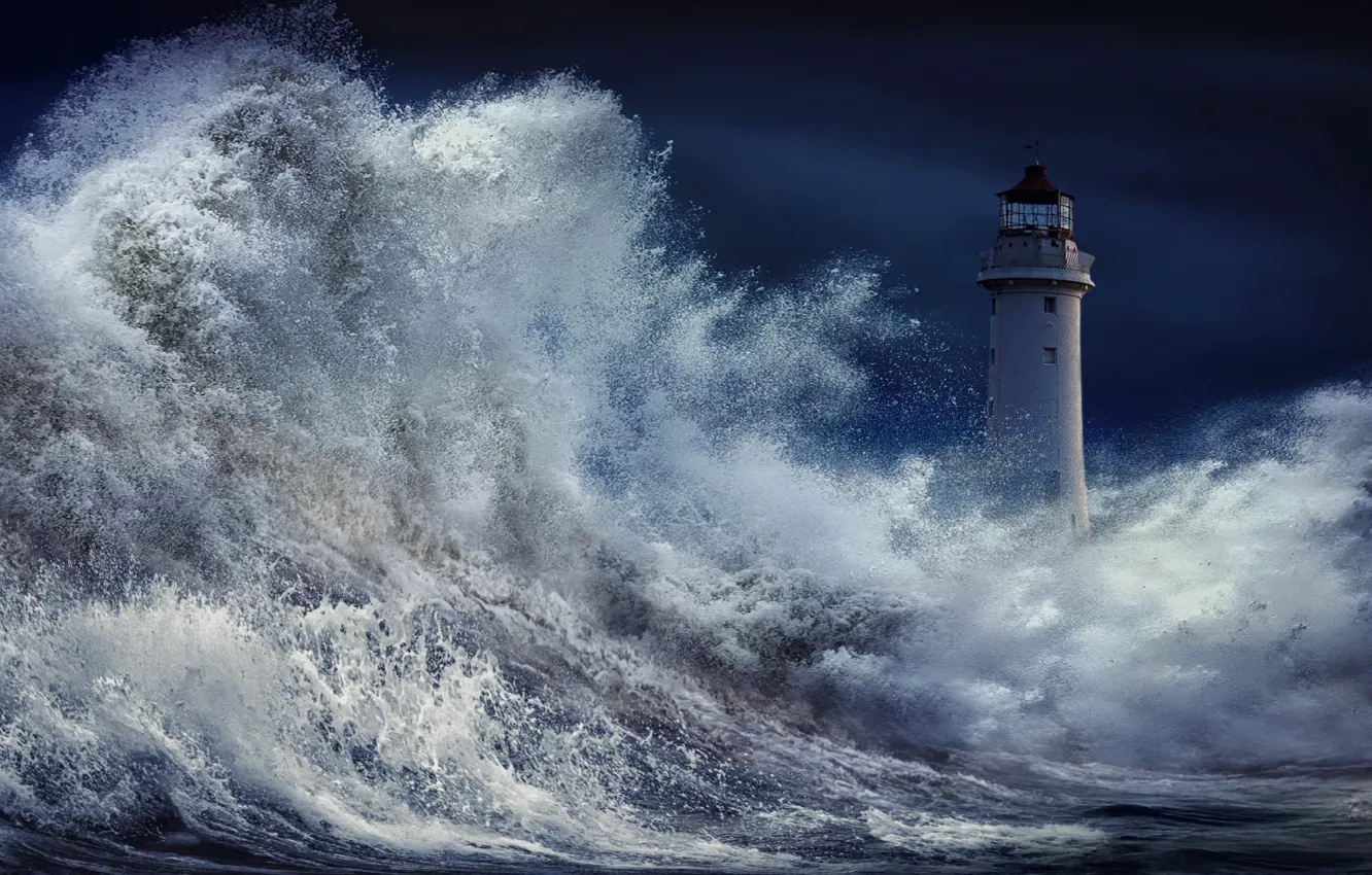 Photo wallpaper sea, wave, squirt, night, storm, graphics, lighthouse, digital art