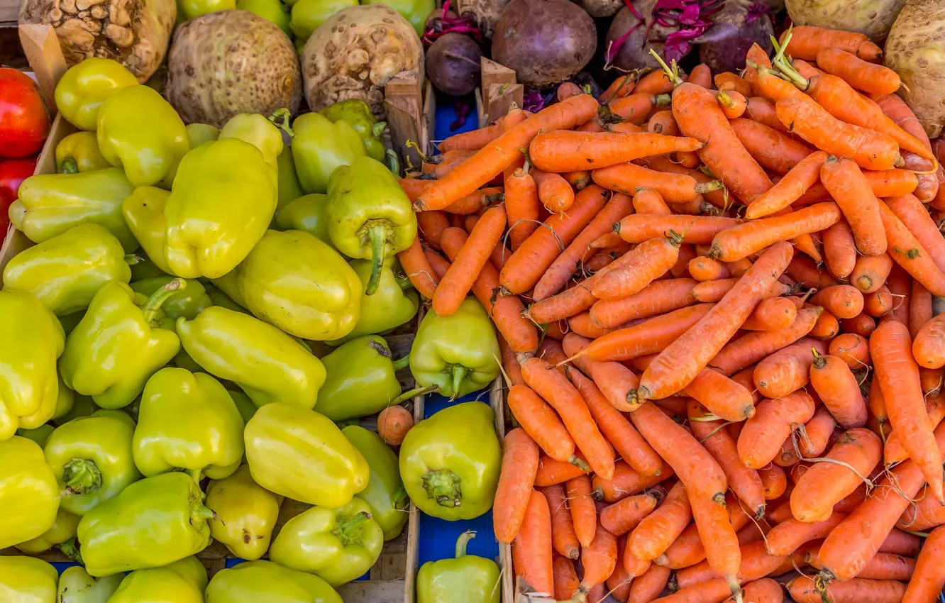 Photo wallpaper harvest, vegetables, carrots, market, bell pepper, beets, celery root