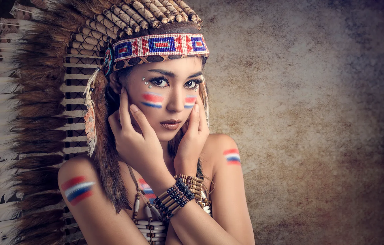 Photo wallpaper feathers, makeup, coloring, Saipan, headdress, Chakrit Chanpen, Thai Model