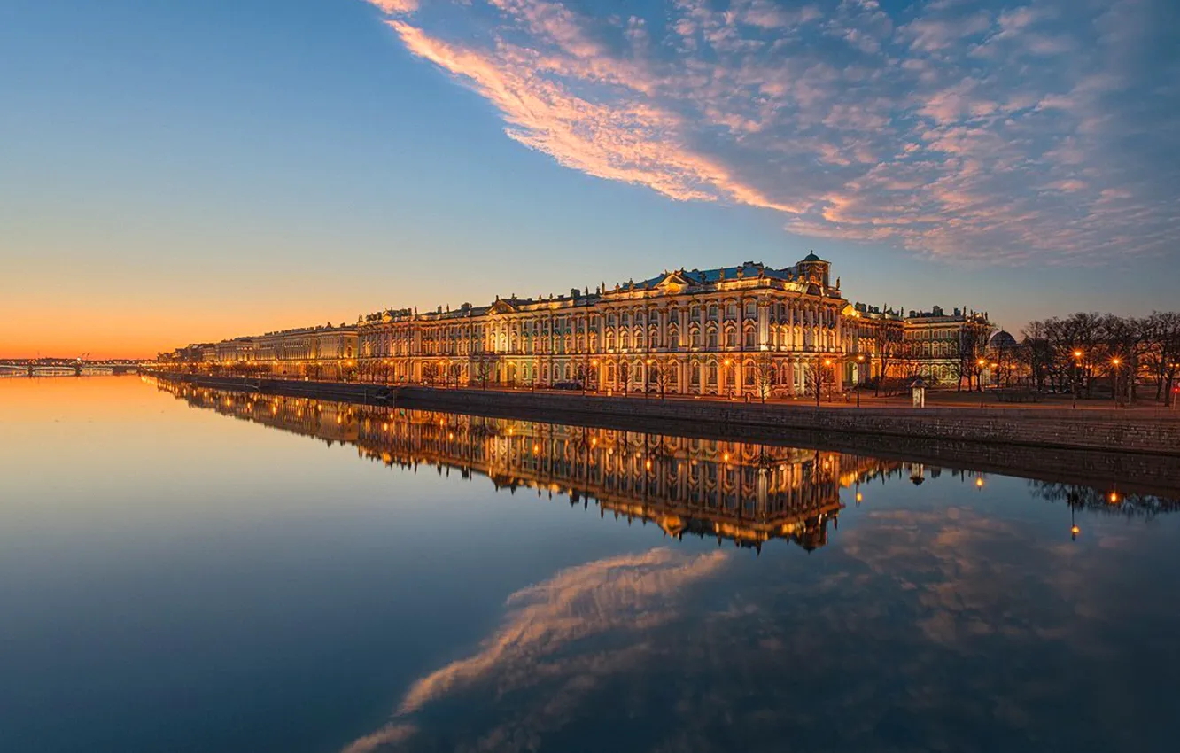Photo wallpaper the sky, clouds, sunset, bridge, river, home, Saint Petersburg, promenade