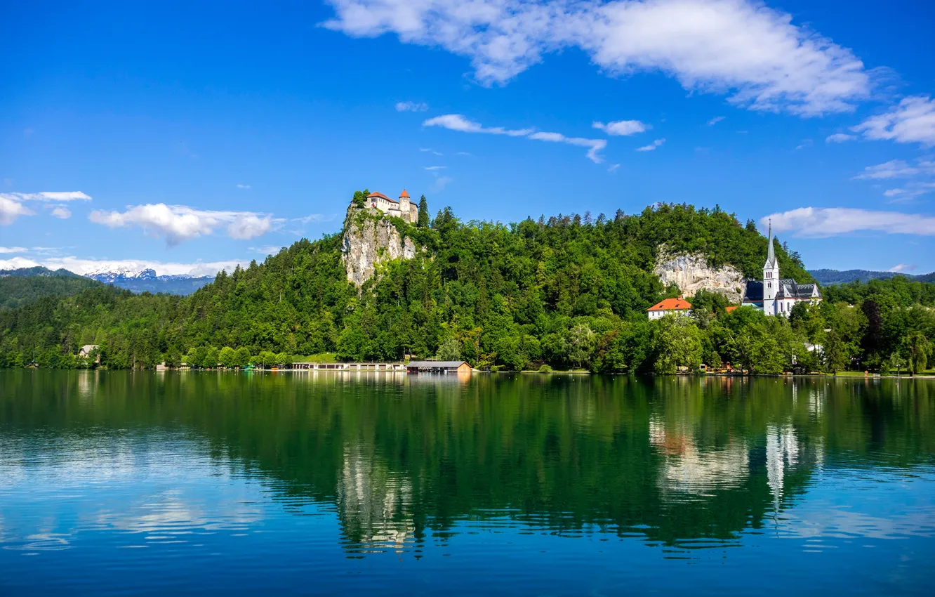 Photo wallpaper forest, the sky, the sun, clouds, trees, nature, lake, rocks