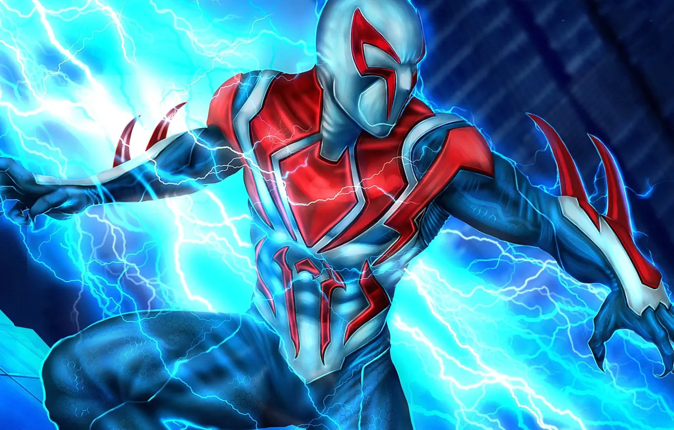 Photo wallpaper future, lightning, costume, Future, Spider-man, Miguel O'hara, spider-man 2099