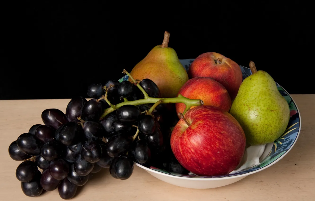 Photo wallpaper table, apples, plate, grapes, fruit, black background, peaches, pear