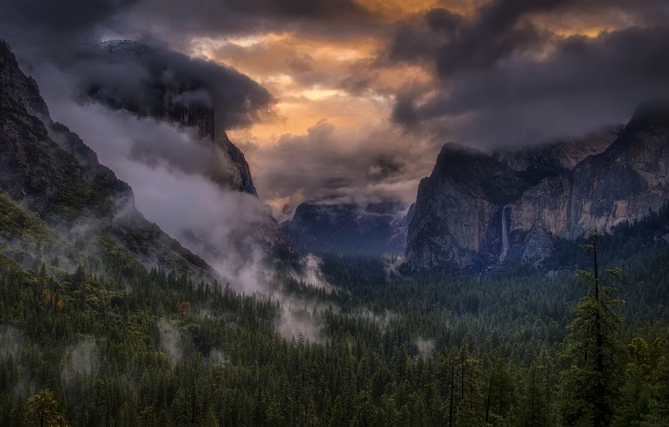 Photo wallpaper the sky, clouds, trees, mountains, fog, waterfall, USA, Yosemite National Park