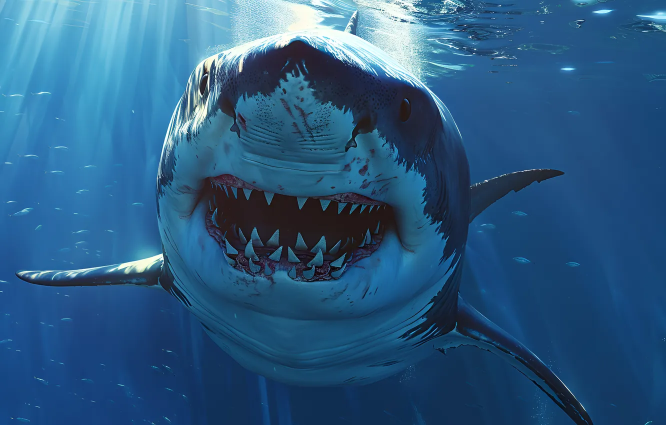 Photo wallpaper shark, teeth, mouth, underwater world, the rays of the sun, digital art, AI art, The …