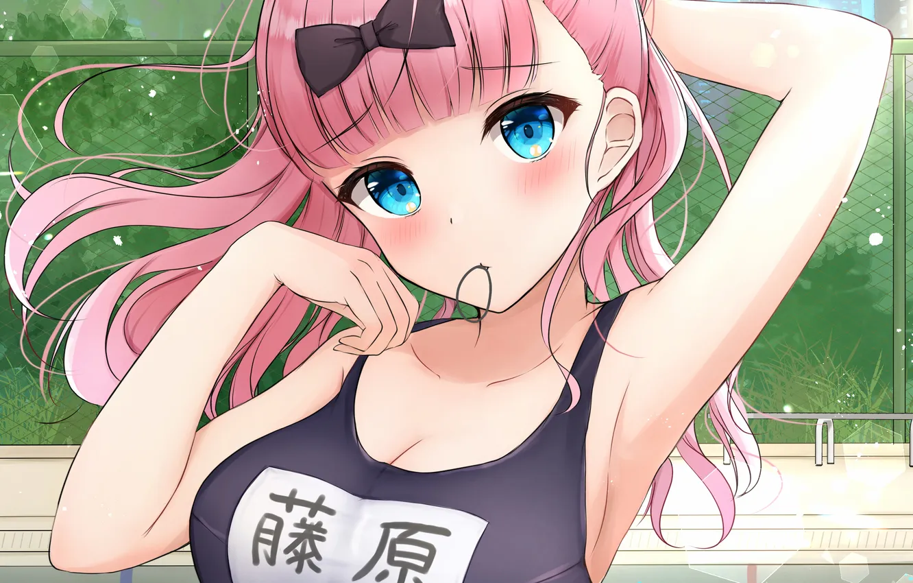 Photo wallpaper girl, sexy, pool, cleavage, pink hair, long hair, boobs, anime