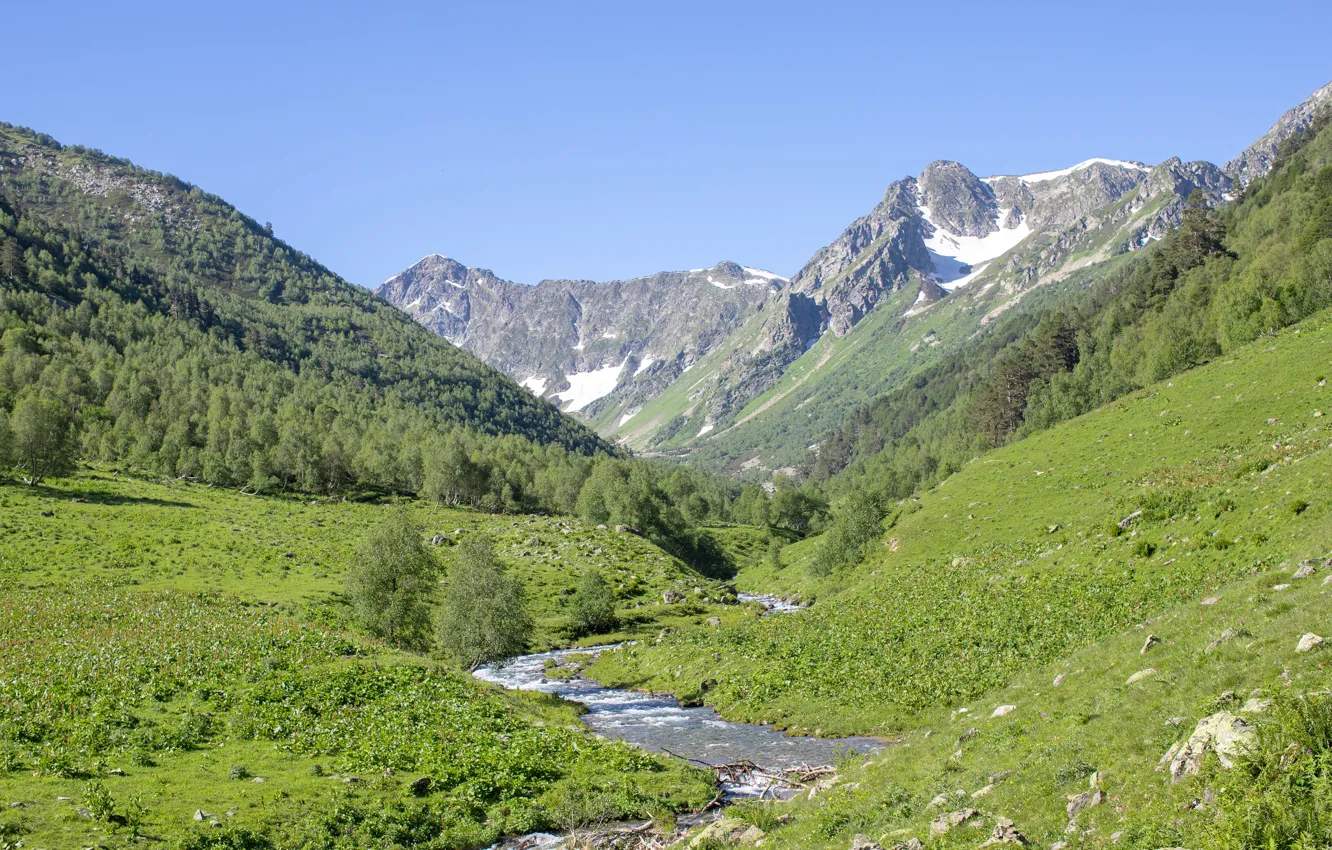 Photo wallpaper mountains, valley, mountain river, the Caucasus, Arkhyz, the Caucasus mountains, river dukka, Duchinski