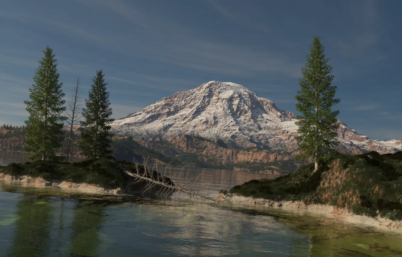 Photo wallpaper forest, snow, trees, mountains, lake, island, spruce, art