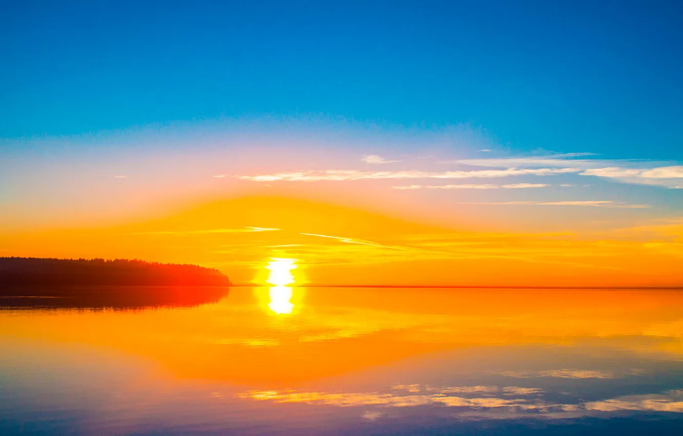 Photo wallpaper the sky, the sun, clouds, trees, sunset, lake