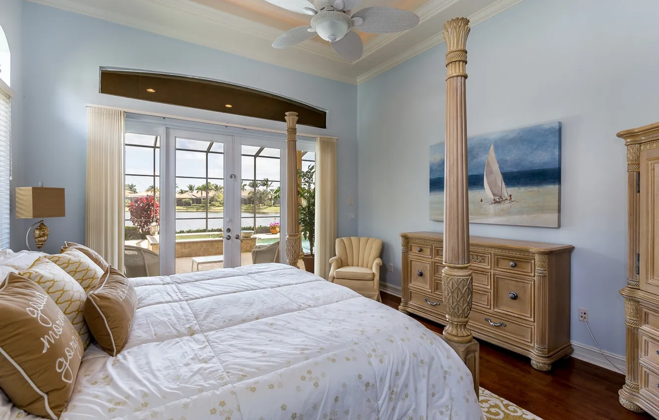 Photo wallpaper design, style, bed, picture, pillow, window, bedroom, chest