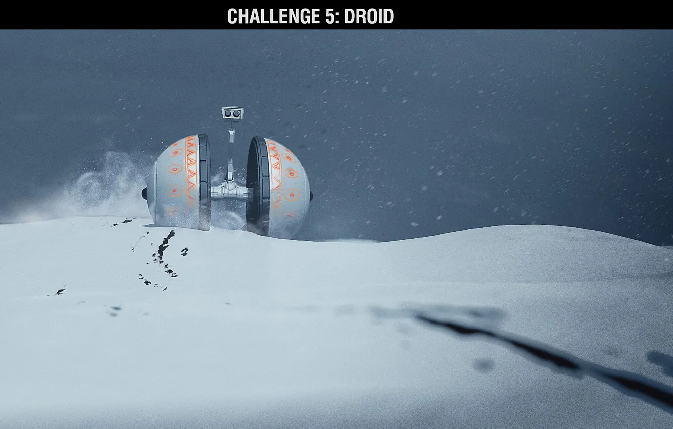 Photo wallpaper snow, trail, robot, challenge, droid
