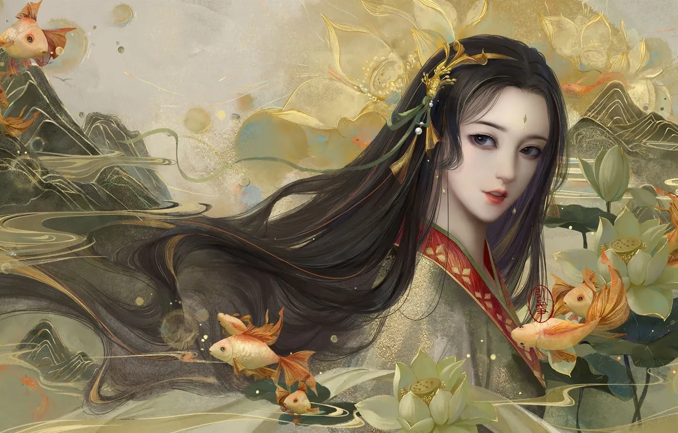 Photo wallpaper girl, fish, flowers, fish, zloty fish