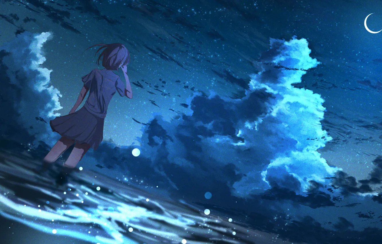 Photo wallpaper the sky, water, girl, night, Crescent