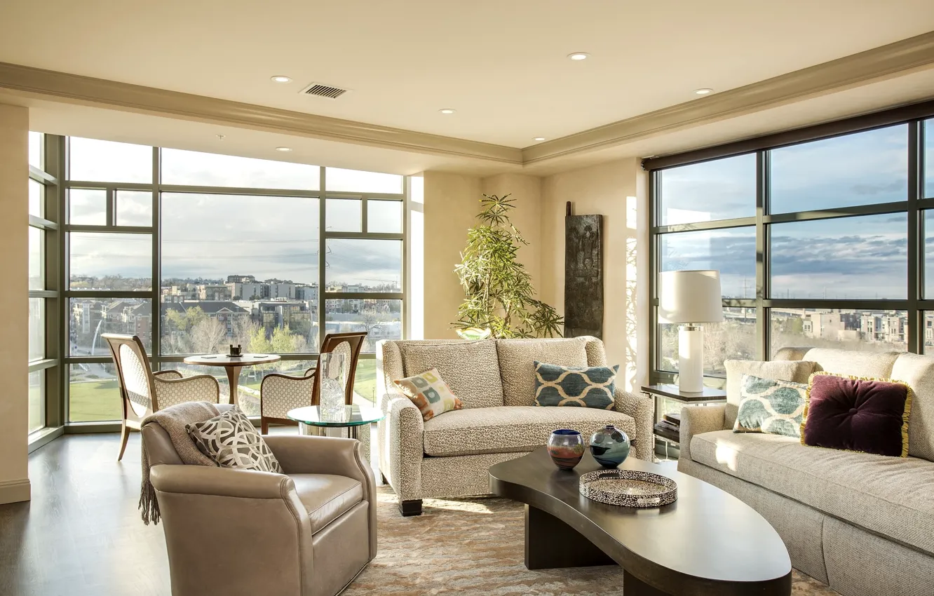 Photo wallpaper design, style, table, sofa, chair, window, living room