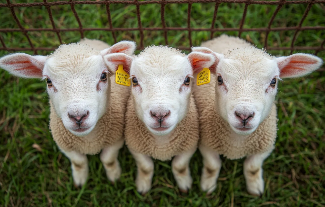 Photo wallpaper grass, look, mesh, the fence, sheep, white, sheep, trio