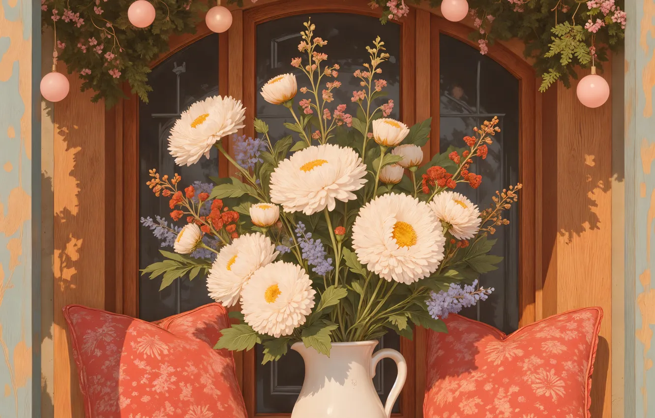 Photo wallpaper balls, flowers, new year, bouquet, pillow, window, Christmas, pitcher