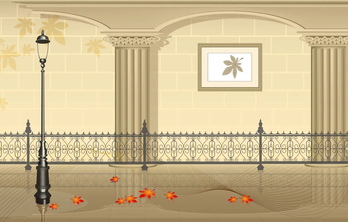 Photo wallpaper wall, interior, picture, lights, arcade, decoration, autumn red leaves, metal carved railings