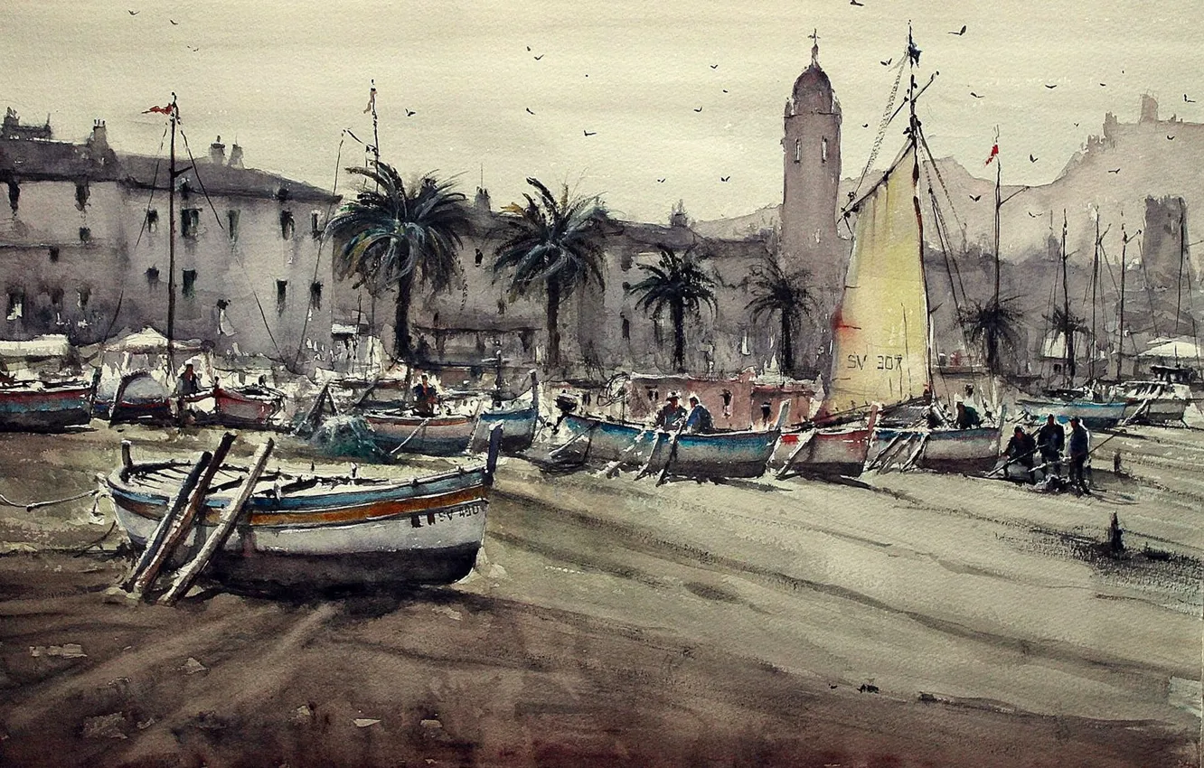 Photo wallpaper shore, tower, picture, boats, watercolor, the urban landscape, Maximilian DAmico