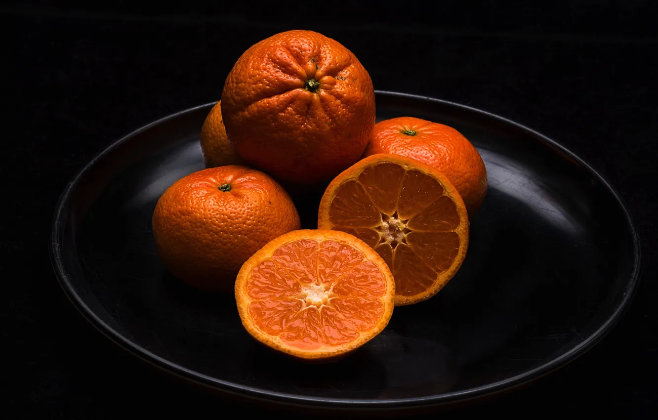 Photo wallpaper citrus, fruit, slices, dish, tangerines