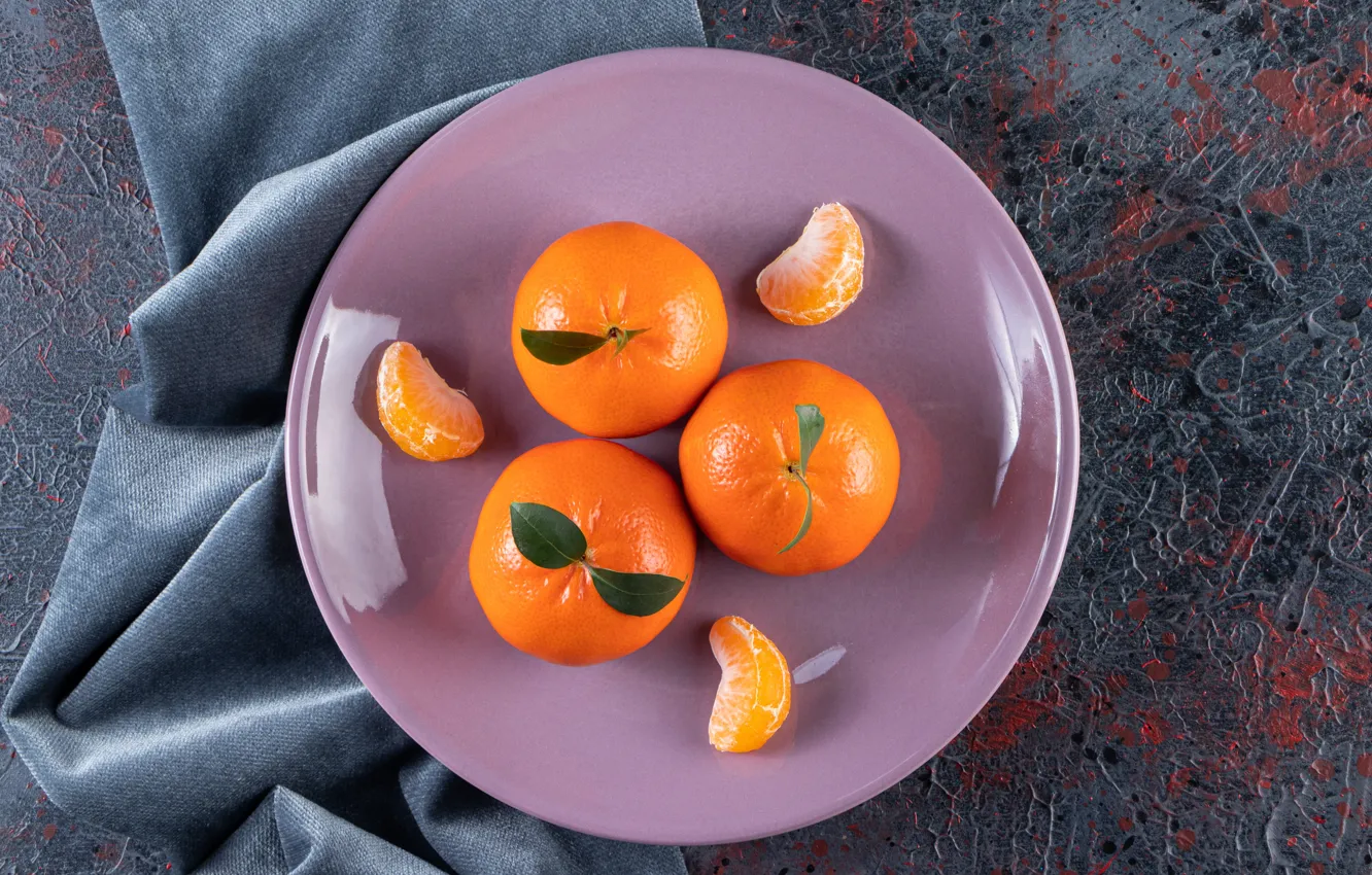 Photo wallpaper towel, plate, fabric, citrus, fruit, leaves, grey background, trio