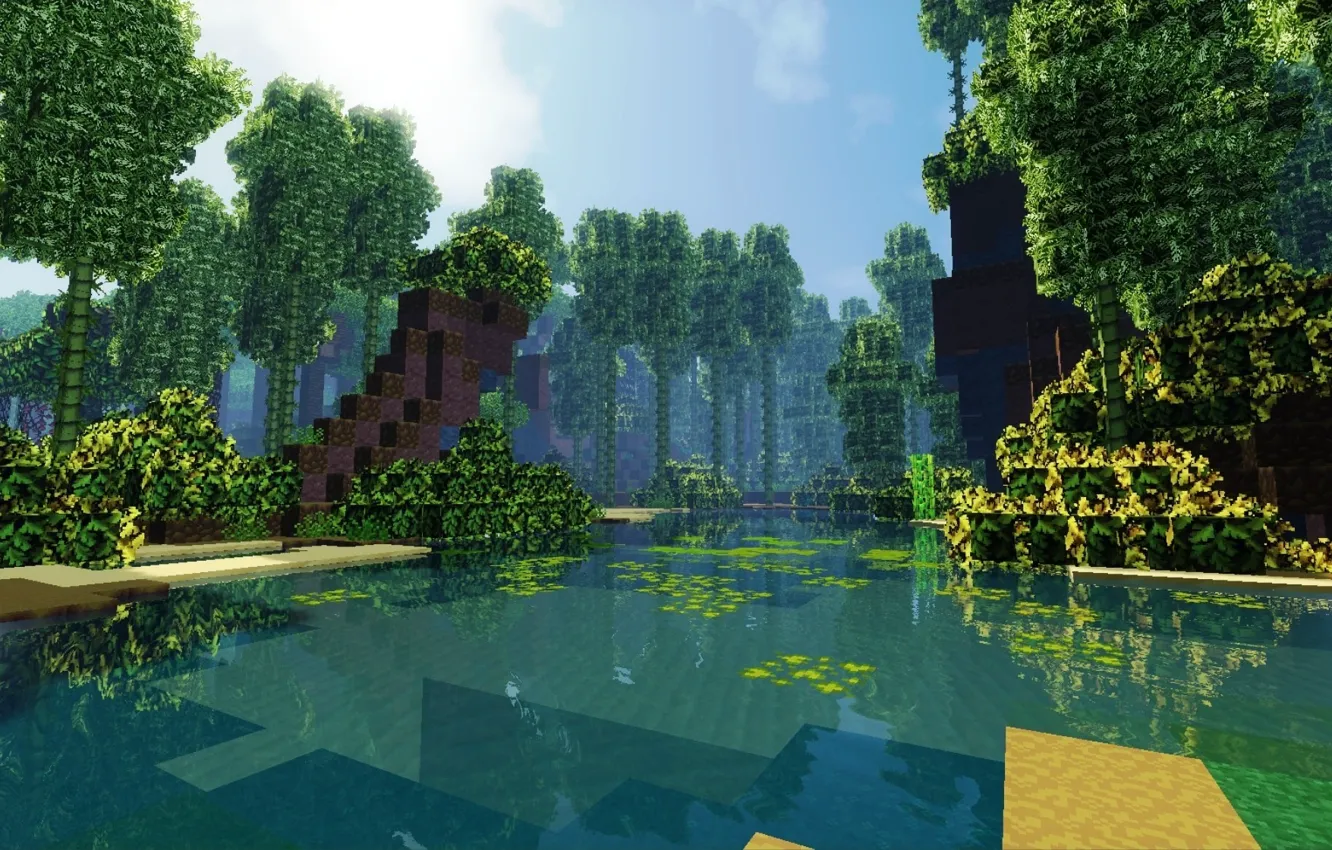 Photo wallpaper forest, the sky, clouds, shore, bamboo, Bay, Minecraft