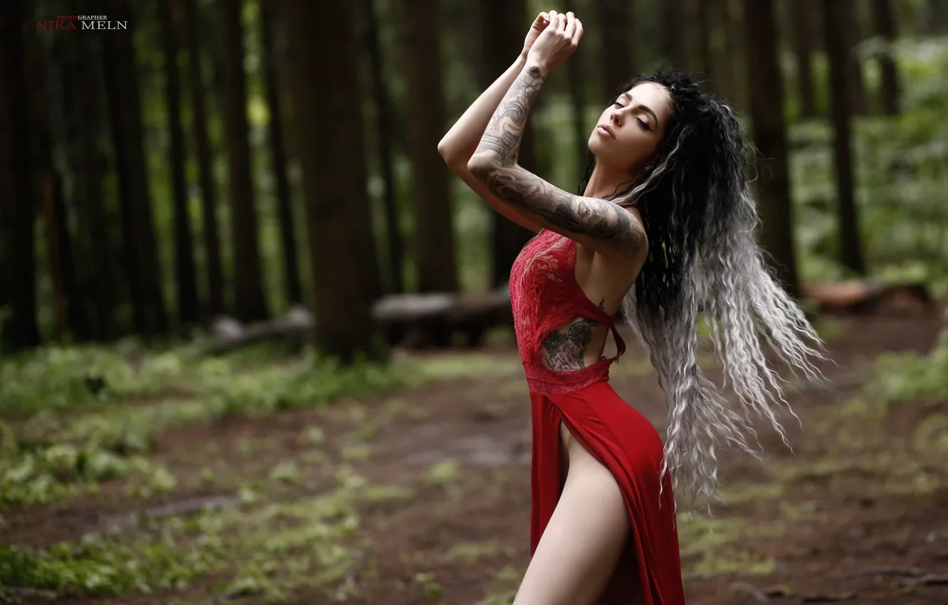 Photo wallpaper forest, girl, pose, hands, tattoo, curls, long hair, closed eyes