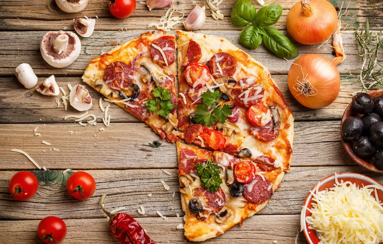 Photo wallpaper mushrooms, cheese, pizza, tomatoes, olives, sausage