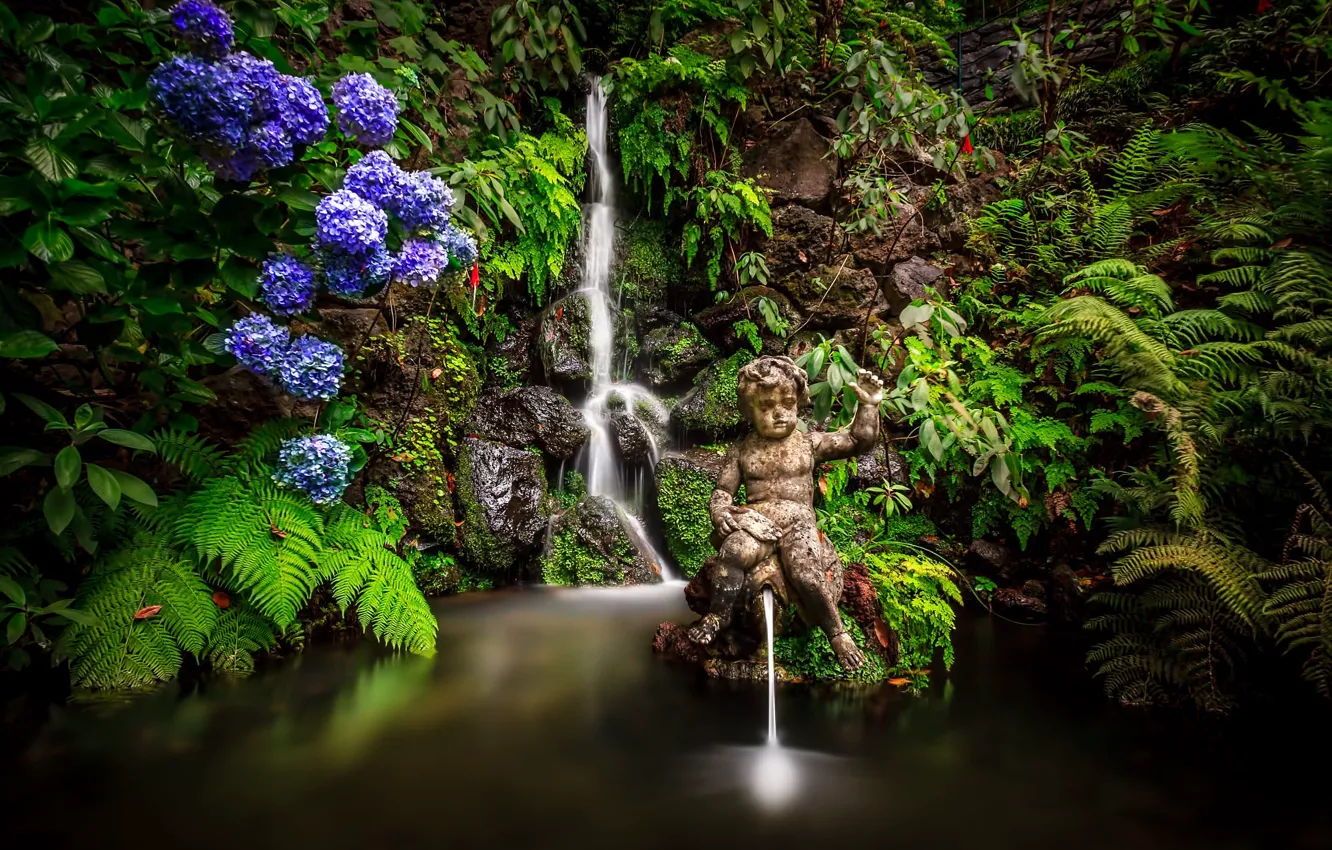 Photo wallpaper leaves, flowers, Park, waterfall, garden, sculpture, Portugal, fern