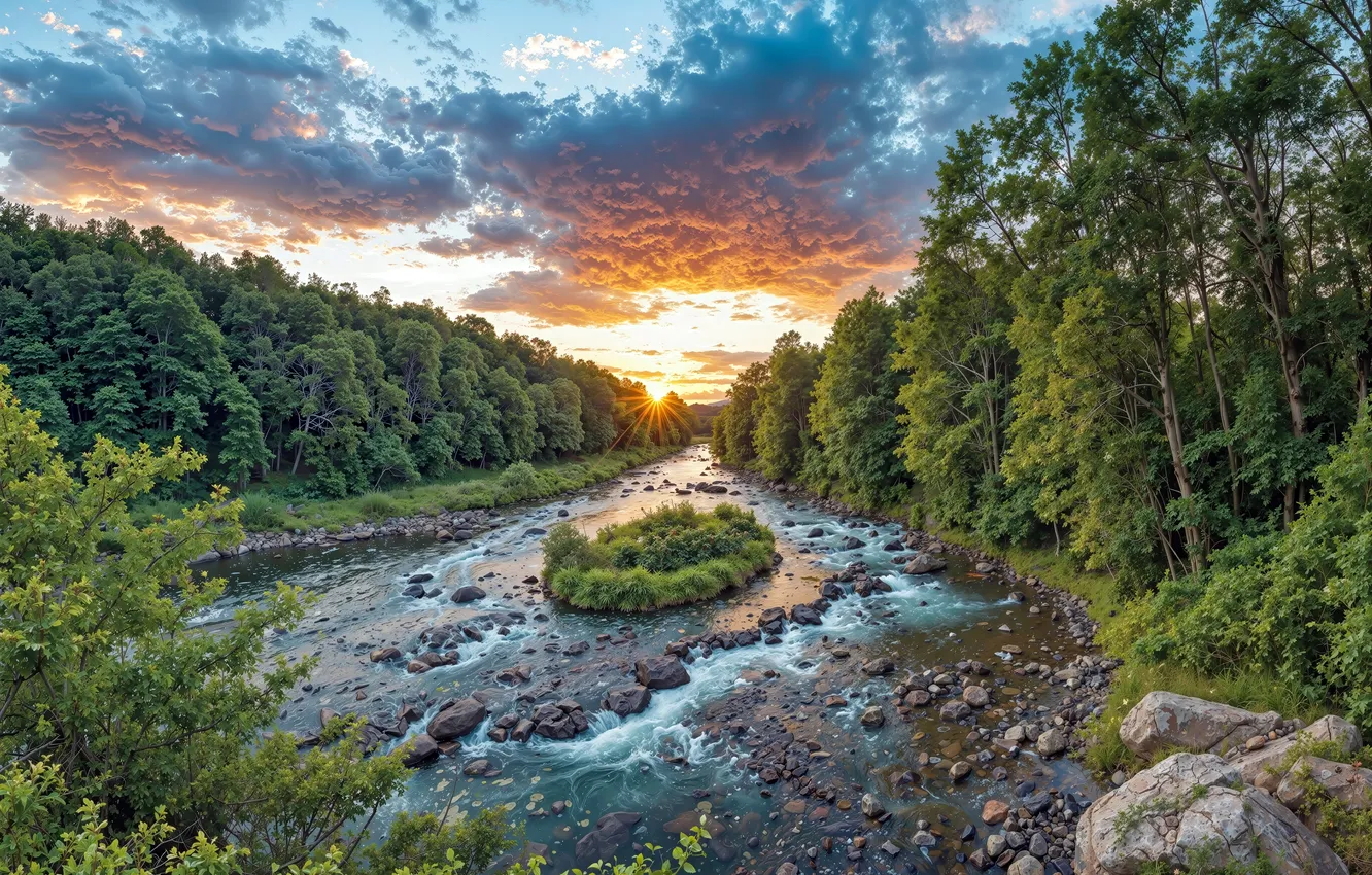 Photo wallpaper forest, summer, sunset, nature, river, AI ART